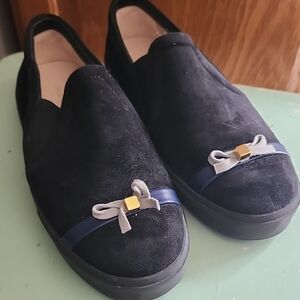 Stuart Weitzman Black Suede Mollie Slip On Loafers with Bow Detail Size 6